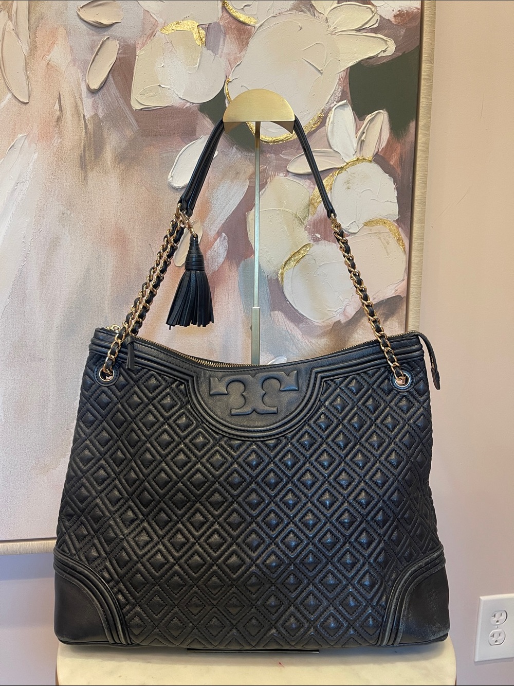 Tory Burch Black Quilted Leather Chain Shoulder Bag with Tassel